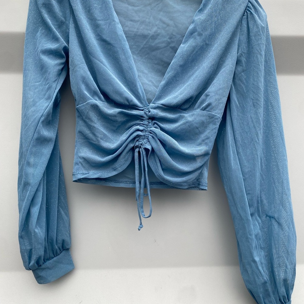 Blue Ruched Women's long sleeve crop Top